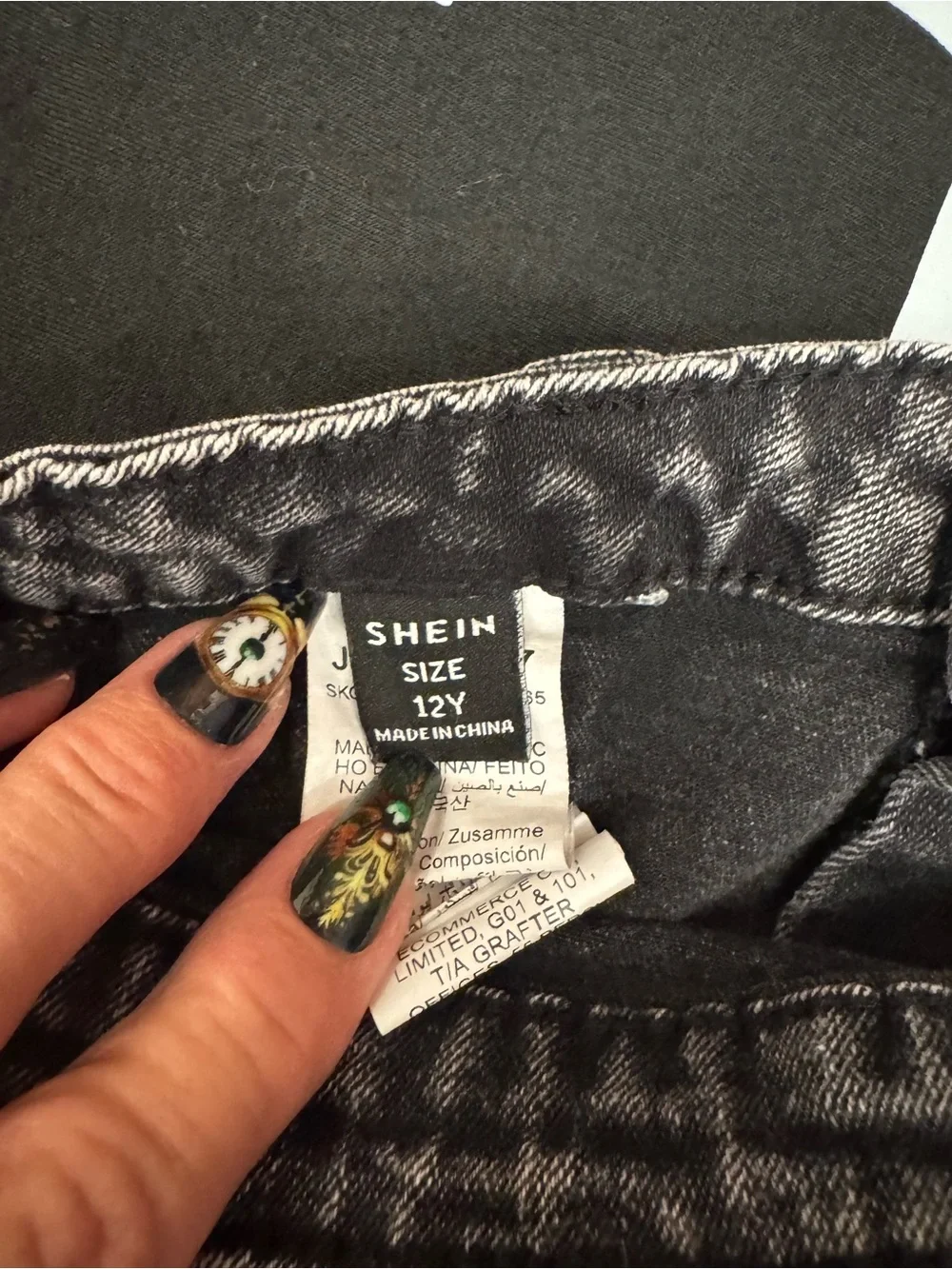 SHEIN Black Kids T‑Shirt “A” with floral accents added to Shein Black Jean Skirt
